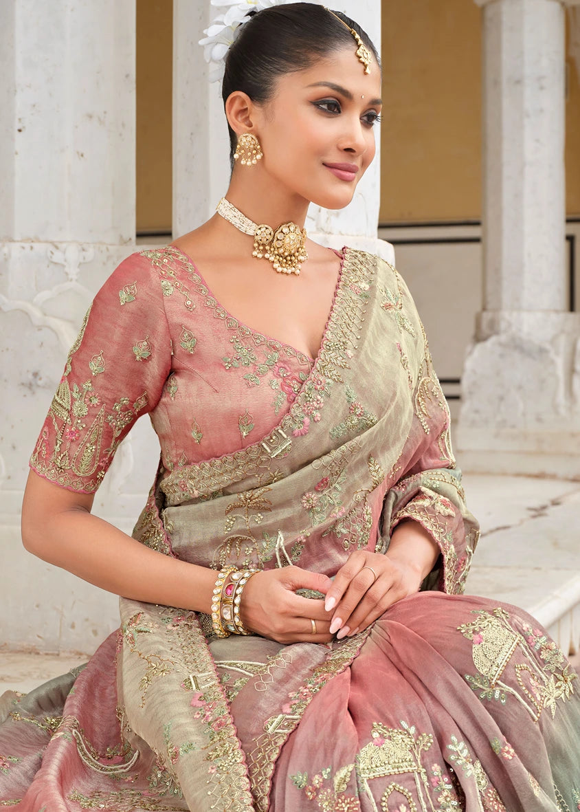 Pastel Pink & Blue Ombre Zari Silk Embroidered Bridal Saree