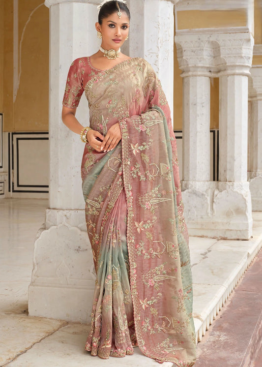 Pastel Pink & Blue Ombre Zari Silk Embroidered Bridal Saree