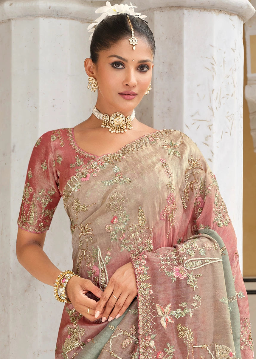 Pastel Pink & Blue Ombre Zari Silk Embroidered Bridal Saree