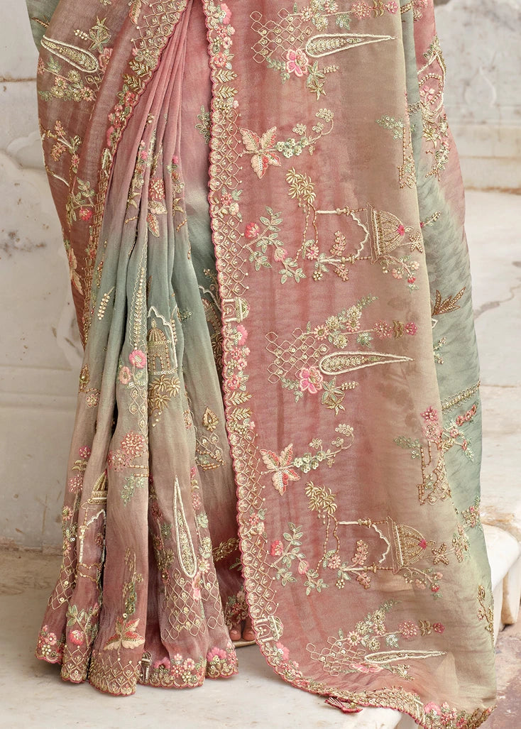 Pastel Pink & Blue Ombre Zari Silk Embroidered Bridal Saree