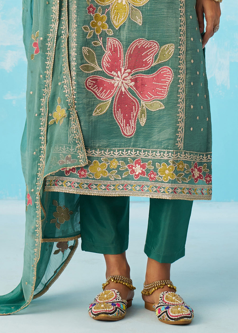 Sage Green Crushed Tissue Silk Ethnic Pant Style Suit With Dupatta