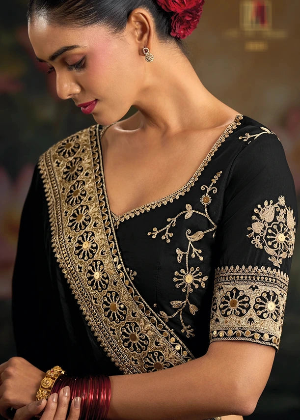 Pure Muga Silk Black & Golden Embroidered Bridal Saree