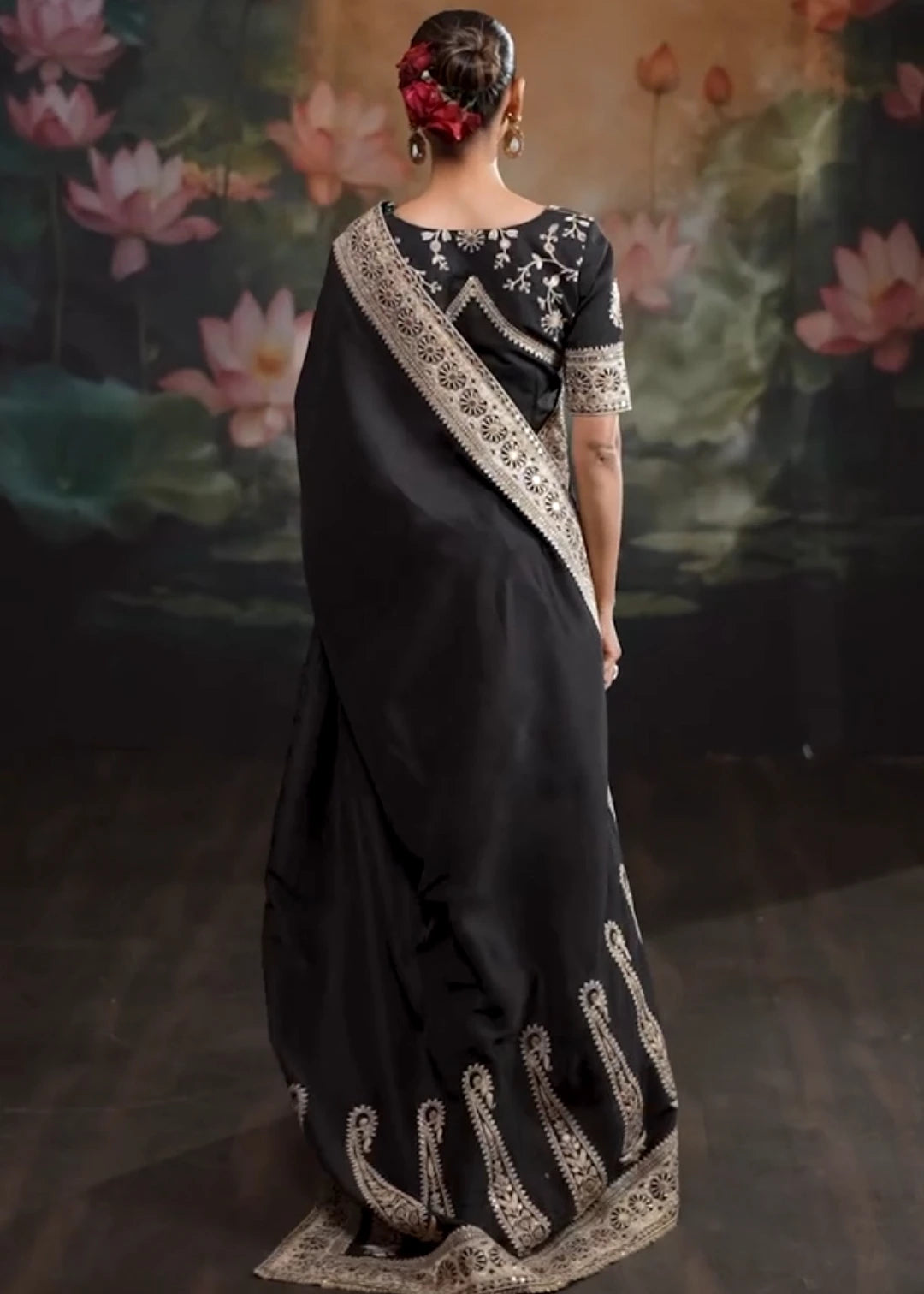 Pure Muga Silk Black & Golden Embroidered Bridal Saree