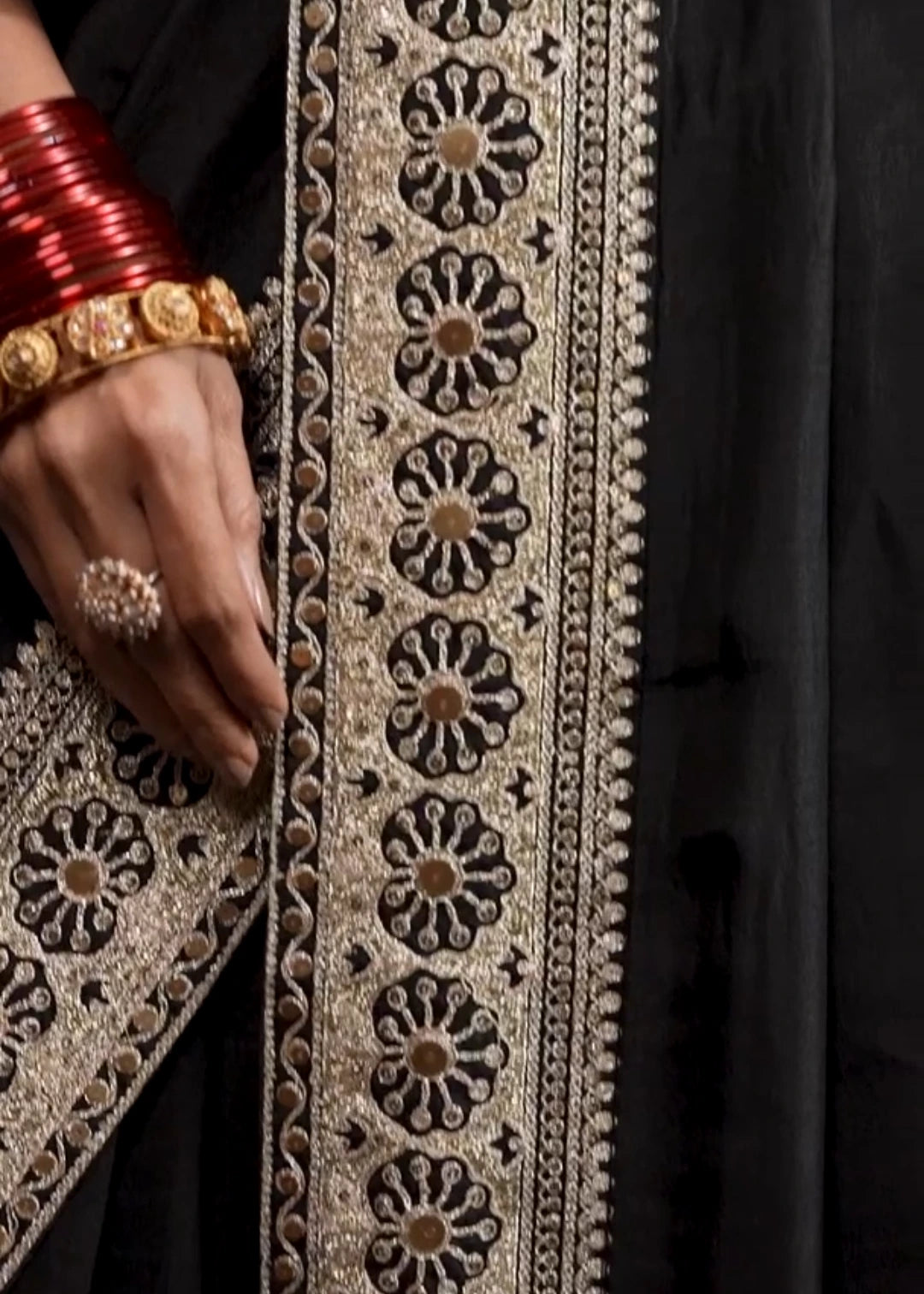 Pure Muga Silk Black & Golden Embroidered Bridal Saree