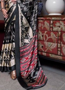 Pure Satin Crepe Cream and Black Printed Saree