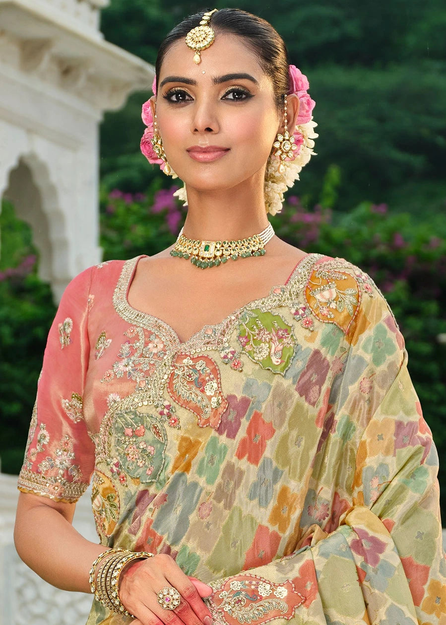 Multicolor Zari Silk Embroidered Bridal Saree & Pink Blouse