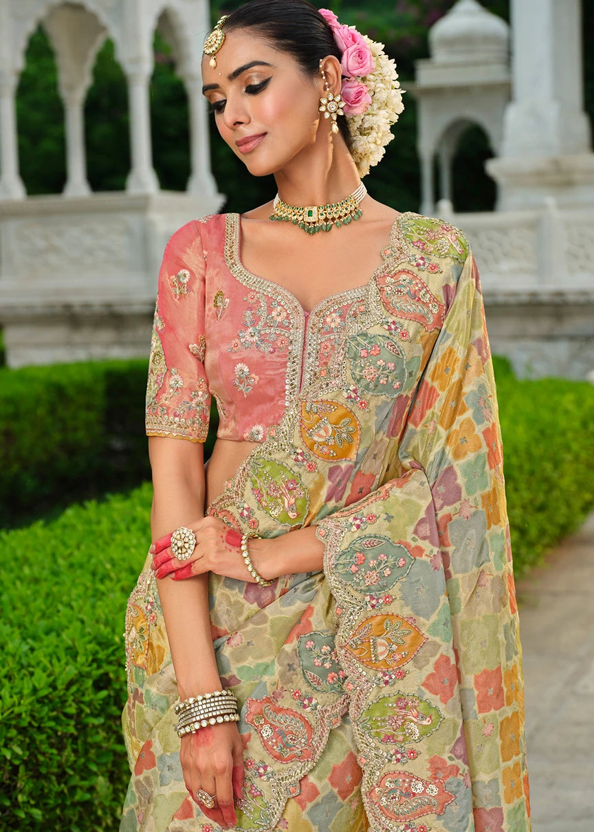 Multicolor Zari Silk Embroidered Bridal Saree & Pink Blouse