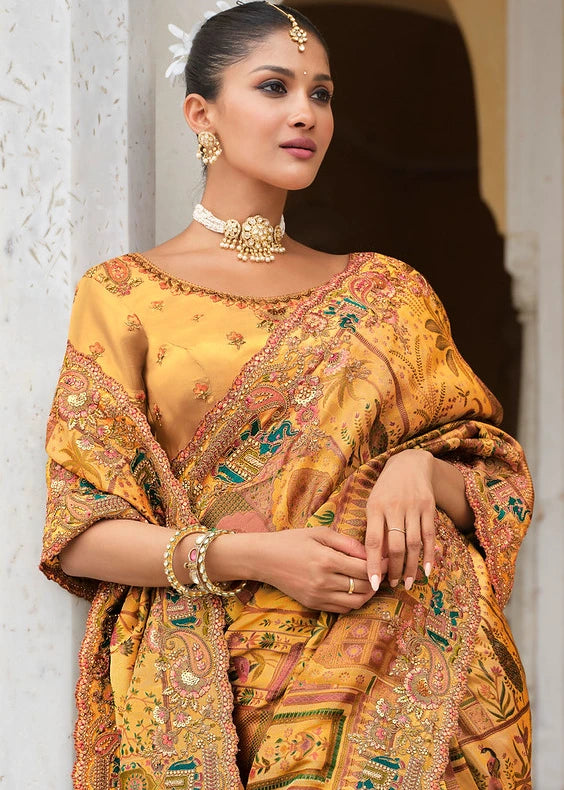 Mustard Yellow Zari Silk Embroidered Bridal Saree