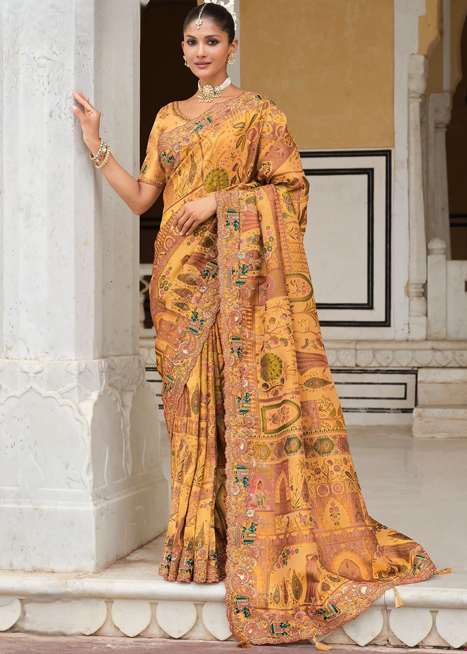 Mustard Yellow Zari Silk Embroidered Bridal Saree