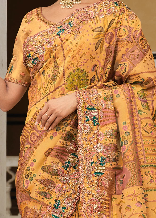 Mustard Yellow Zari Silk Embroidered Bridal Saree