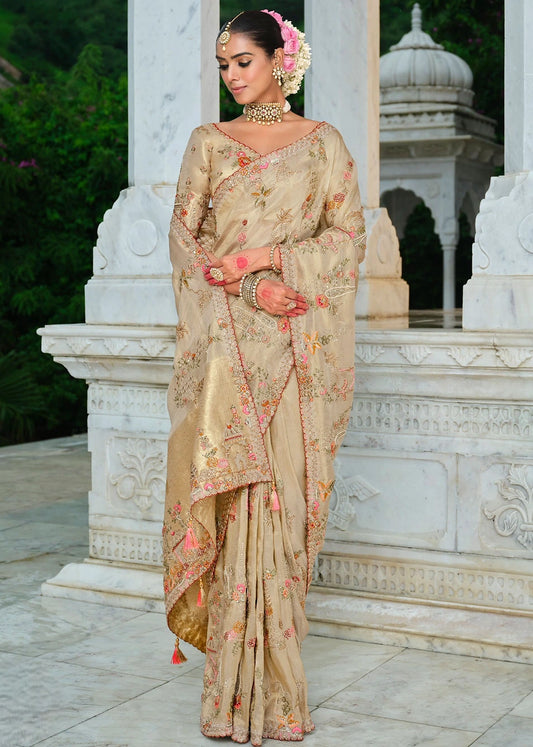 Cream Zari Silk Embroidered Bridal Saree
