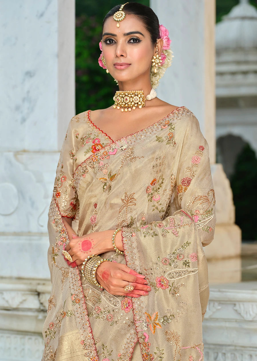 Cream Zari Silk Embroidered Bridal Saree