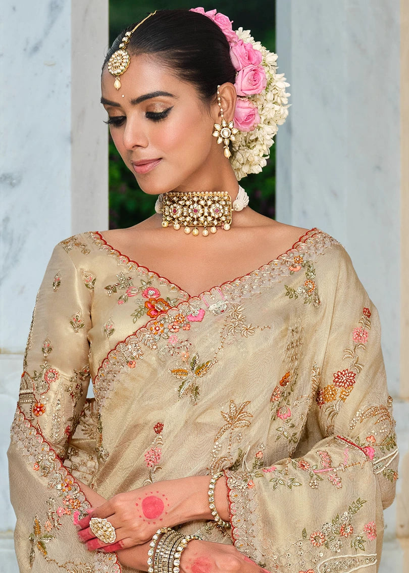 Cream Zari Silk Embroidered Bridal Saree