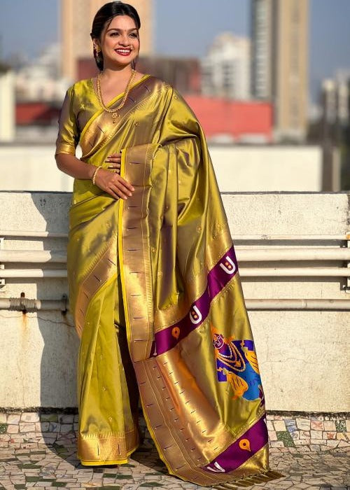 Olive Green Handwoven Paithani Silk Saree