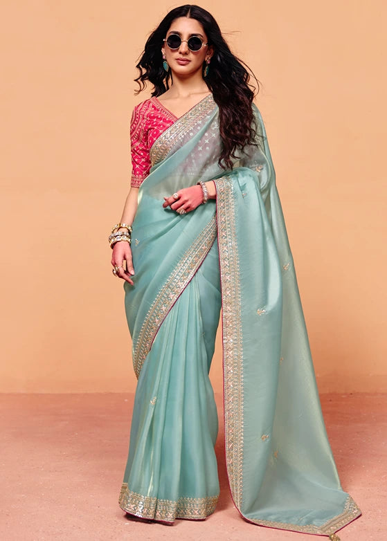 Sky Blue Organza Silk Sequins Embroidery Saree With Red Blouse