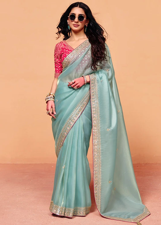Sky Blue Organza Silk Sequins Embroidery Saree With Red Blouse
