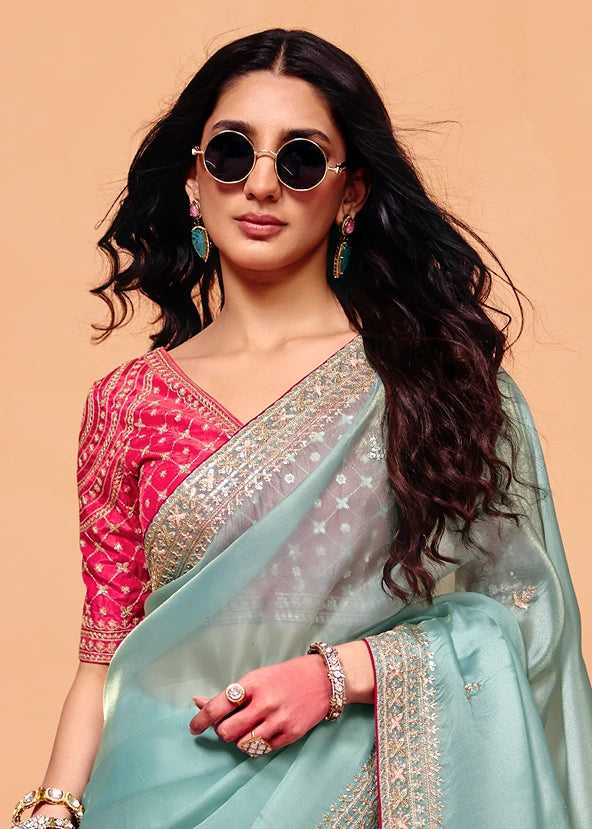Sky Blue Organza Silk Sequins Embroidery Saree With Red Blouse