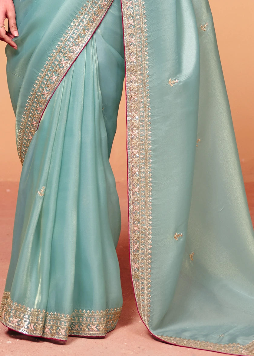 Sky Blue Organza Silk Sequins Embroidery Saree With Red Blouse