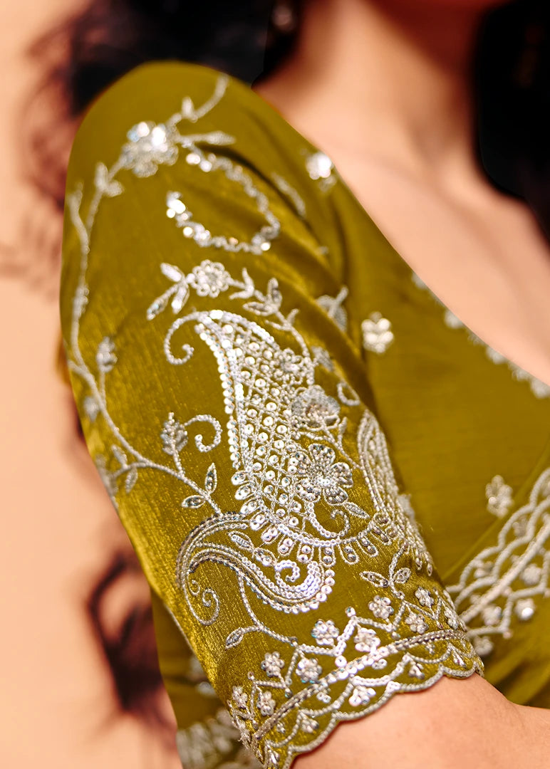 Mehendi Green Organza Satin Silk Sequins Embroidery Saree