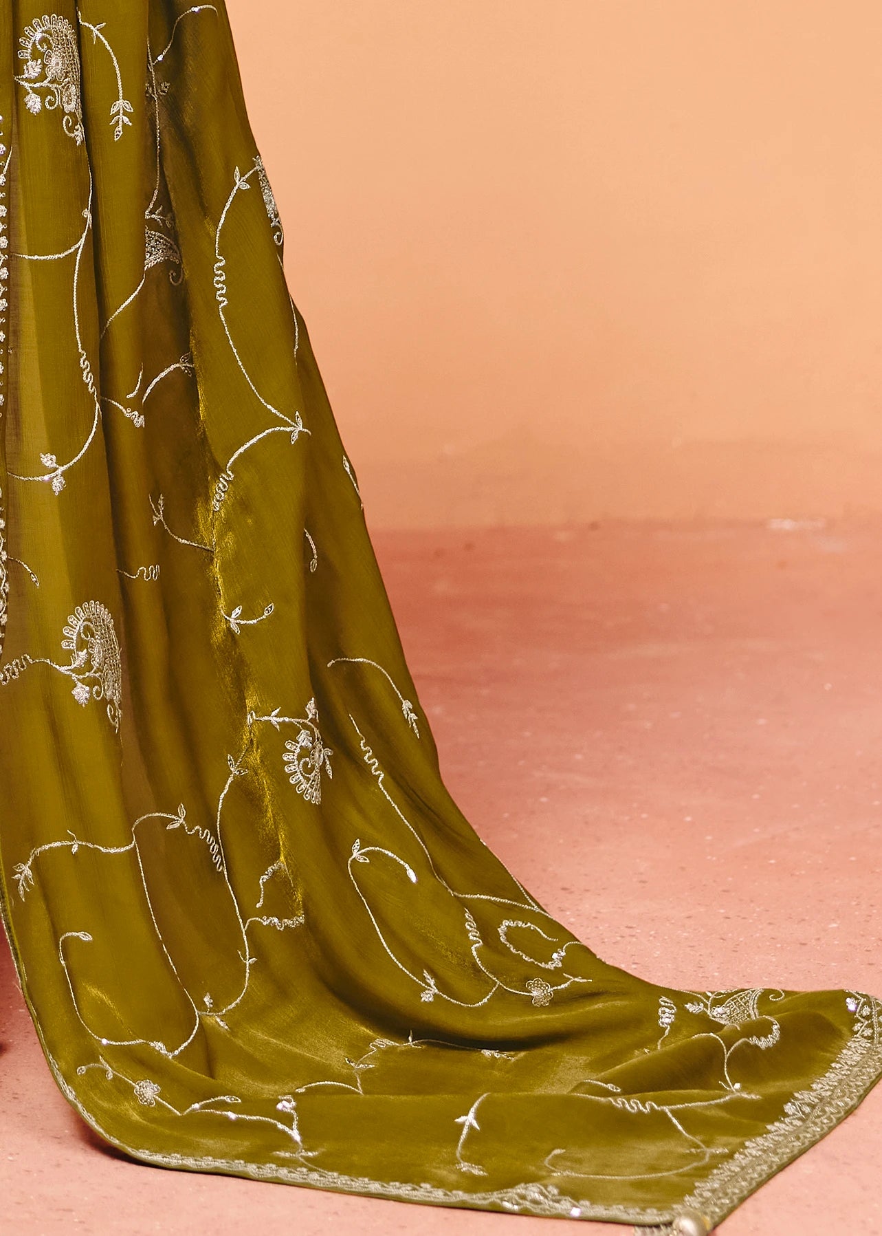 Mehendi Green Organza Satin Silk Sequins Embroidery Saree