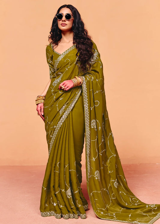 Mehendi Green Organza Satin Silk Sequins Embroidery Saree