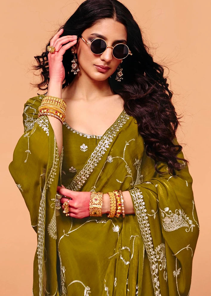 Mehendi Green Organza Satin Silk Sequins Embroidery Saree