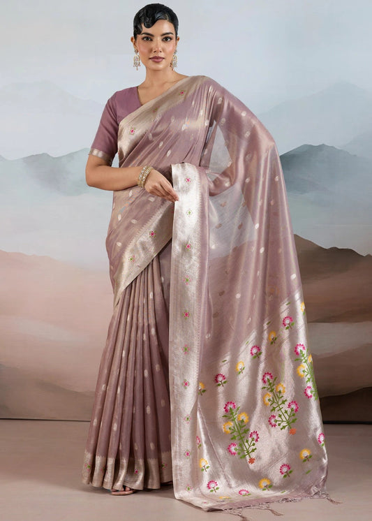Mauve Purple Brown Tissue Silk Paithani Saree