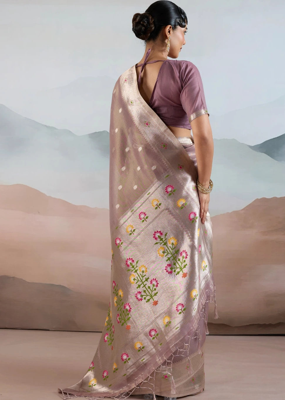 Mauve Purple Brown Tissue Silk Paithani Saree
