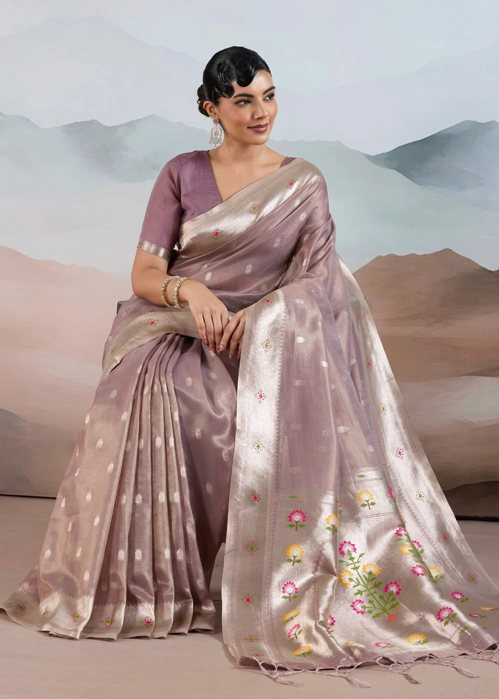 Mauve Purple Brown Tissue Silk Paithani Saree