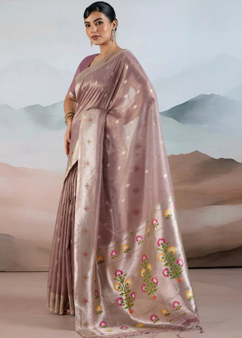 Mauve Purple Brown Tissue Silk Paithani Saree