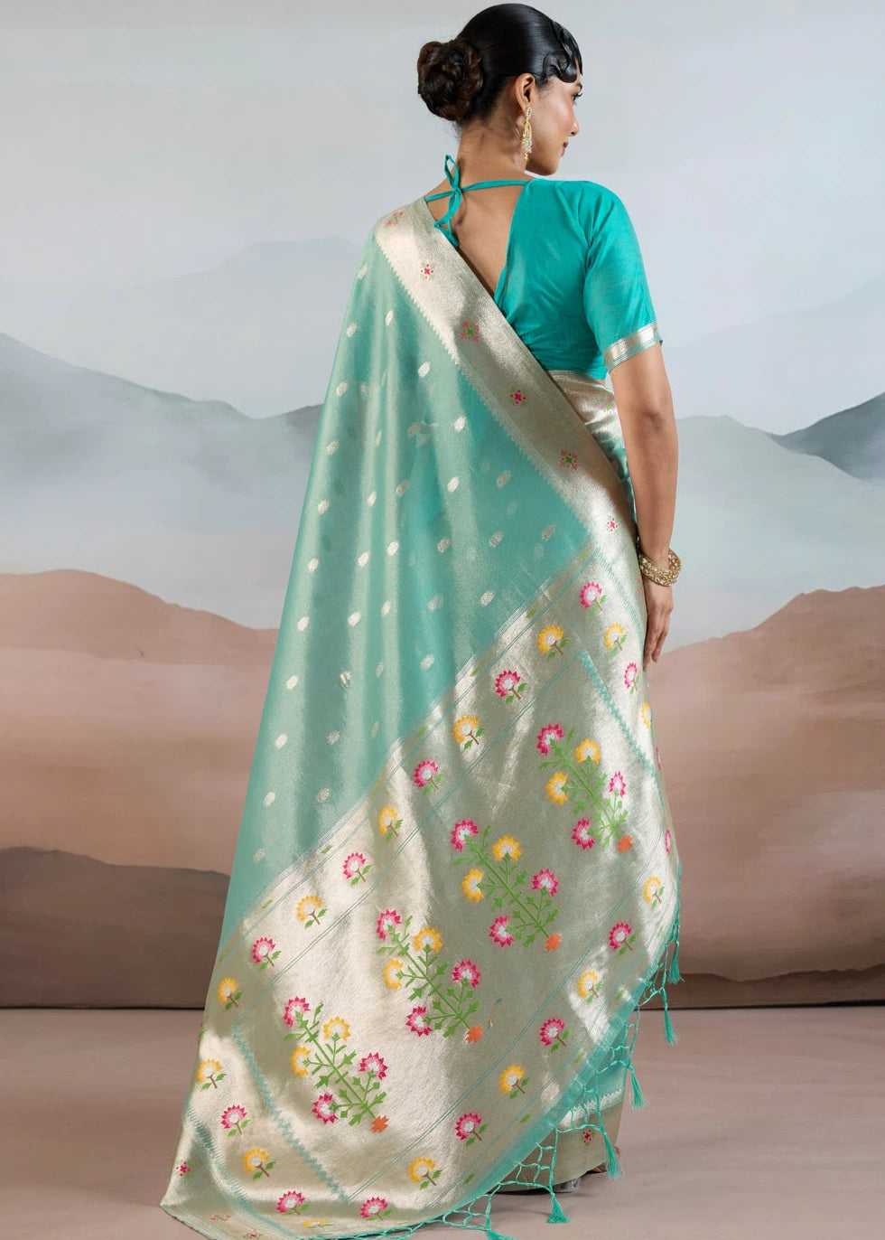 Sea Green Tissue Silk Paithani Saree