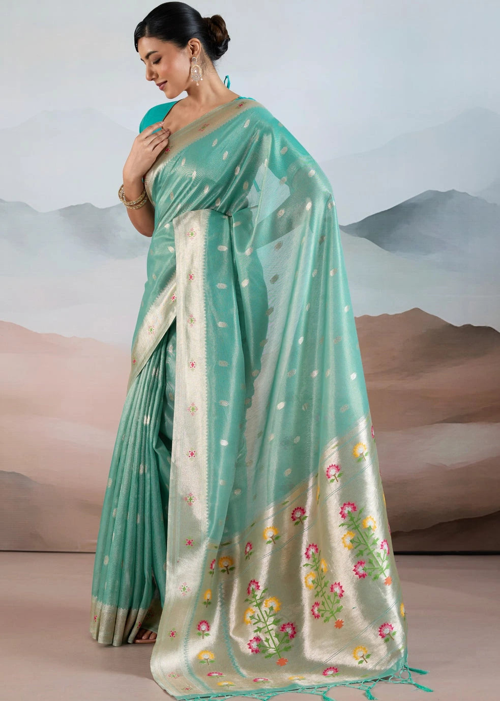 Sea Green Tissue Silk Paithani Saree