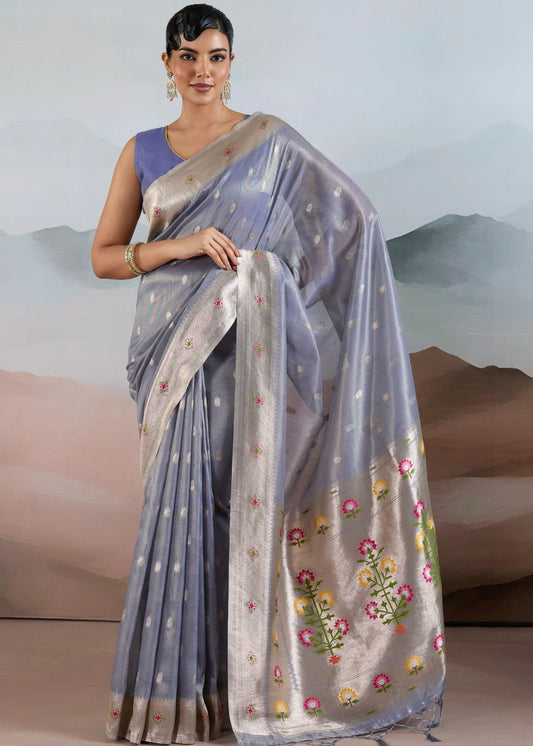 Steel Blue Tissue Silk Paithani Saree