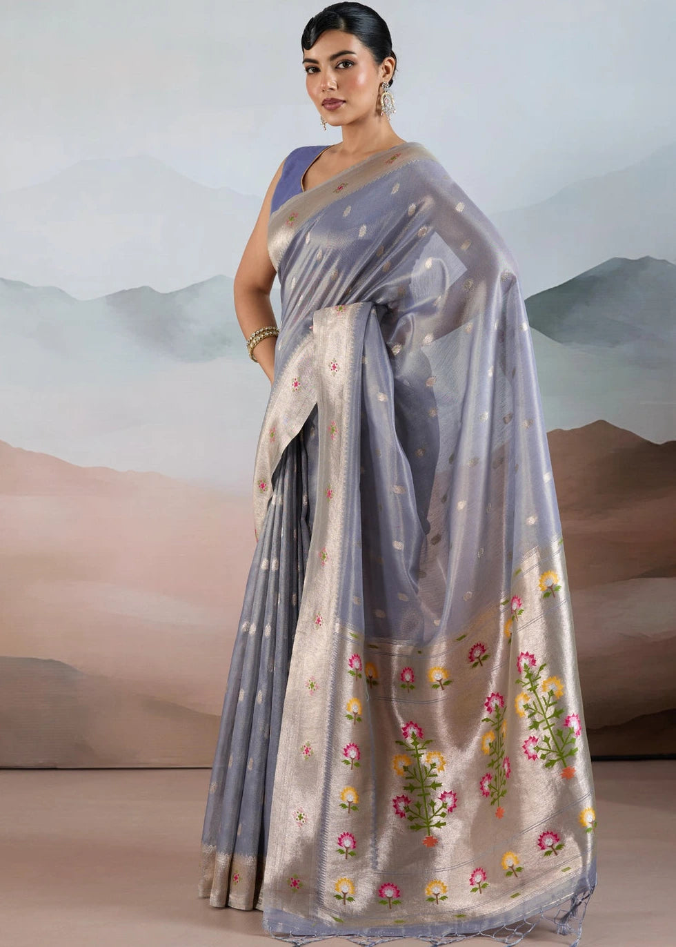 Steel Blue Tissue Silk Paithani Saree