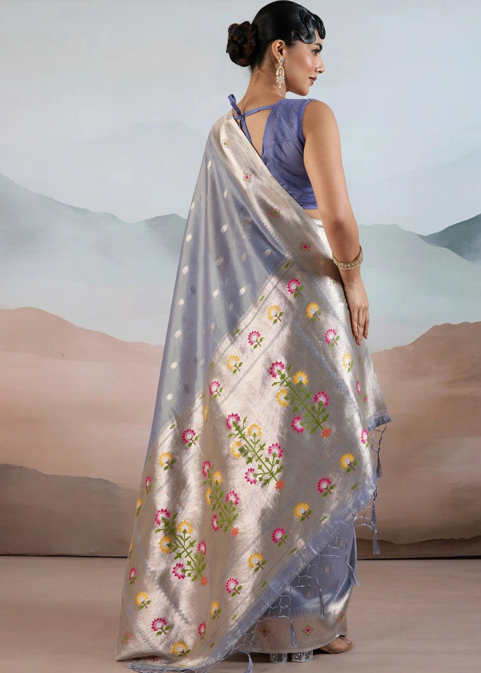 Steel Blue Tissue Silk Paithani Saree