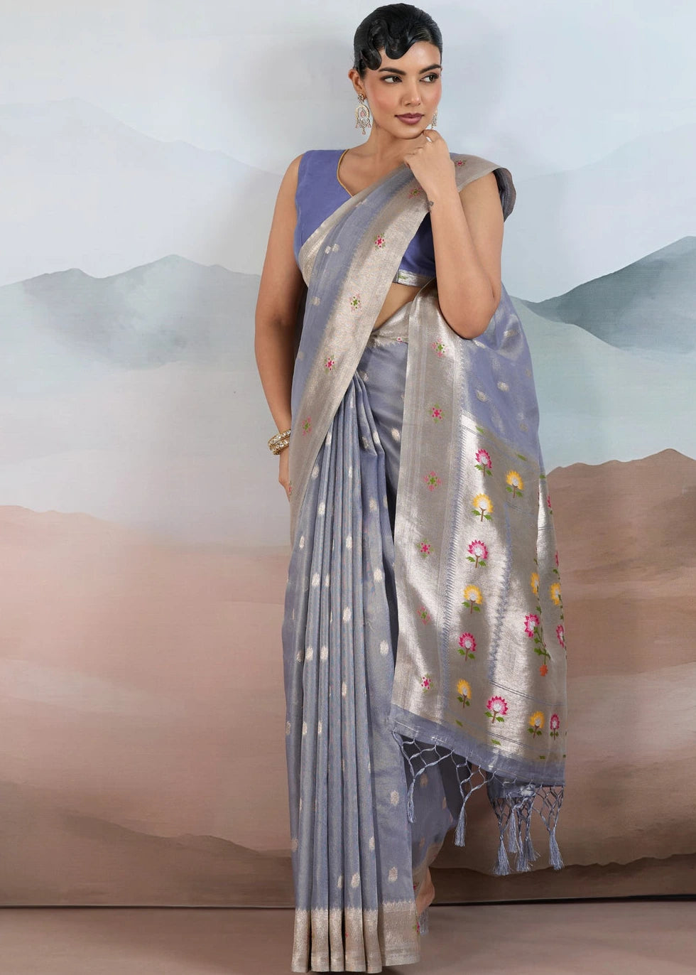 Steel Blue Tissue Silk Paithani Saree
