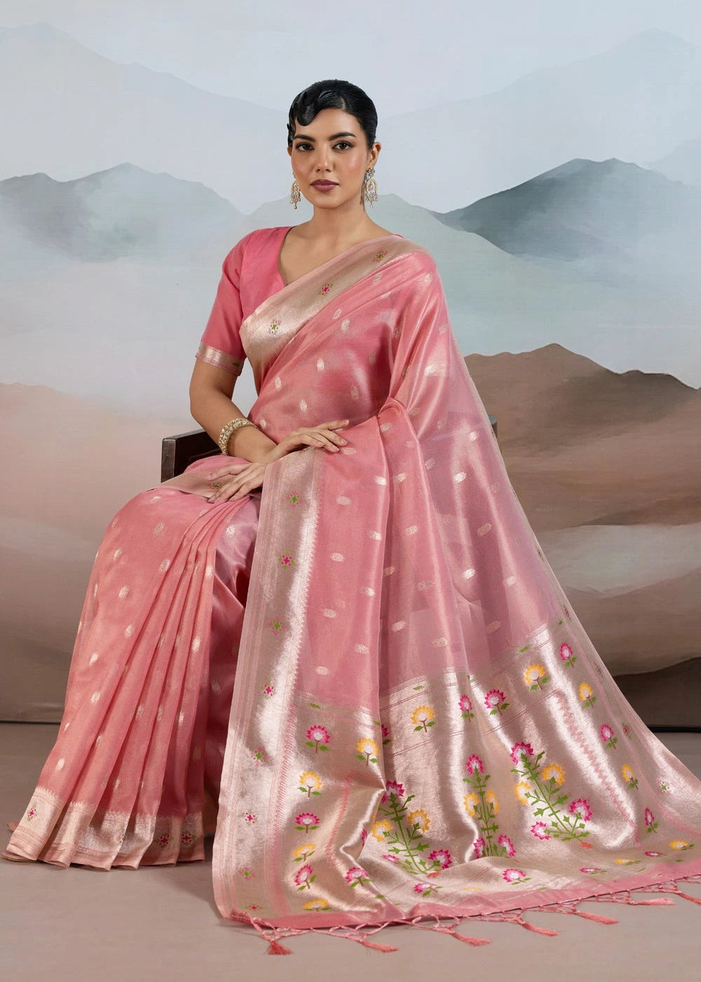 Rose Pink Tissue Silk Paithani Saree