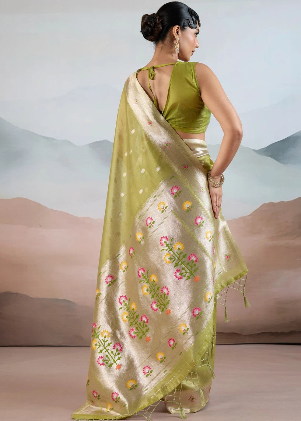 Lime Green Tissue Silk Paithani Saree