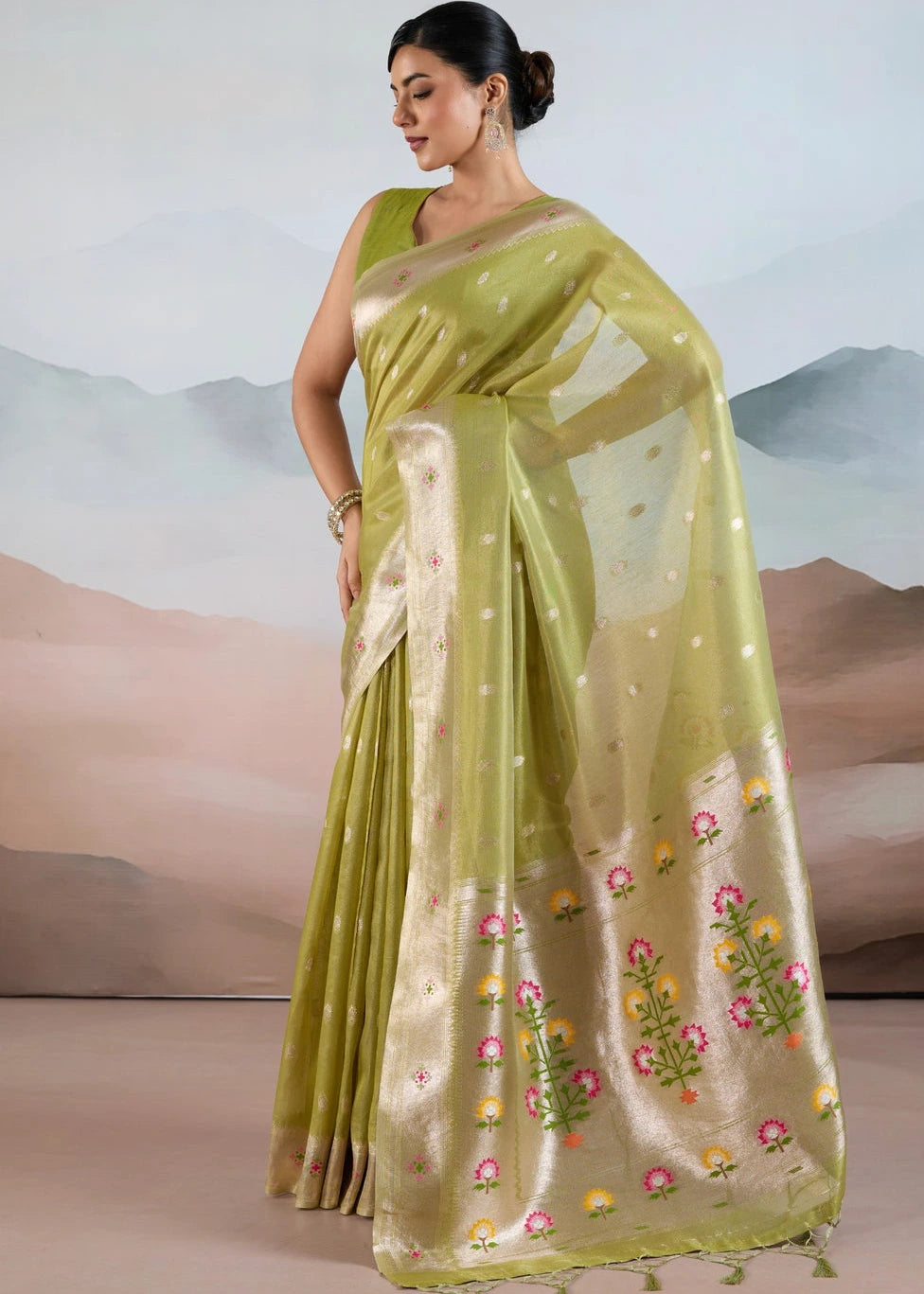 Lime Green Tissue Silk Paithani Saree
