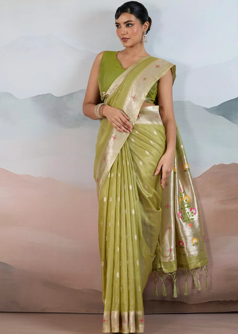 Lime Green Tissue Silk Paithani Saree