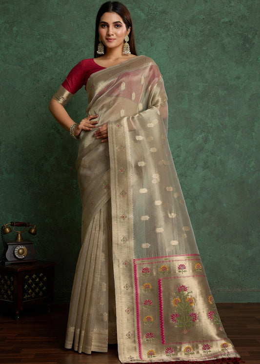 Antique Copper Tissue Silk Paithani Saree With Maroon Blouse