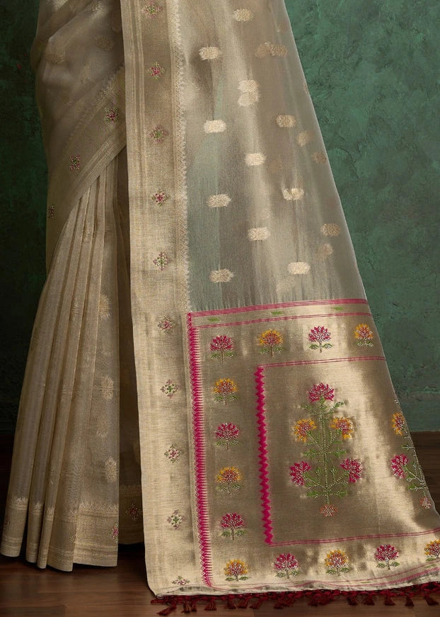 Antique Copper Tissue Silk Paithani Saree With Maroon Blouse