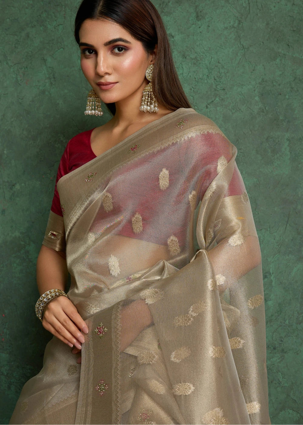 Antique Copper Tissue Silk Paithani Saree With Maroon Blouse