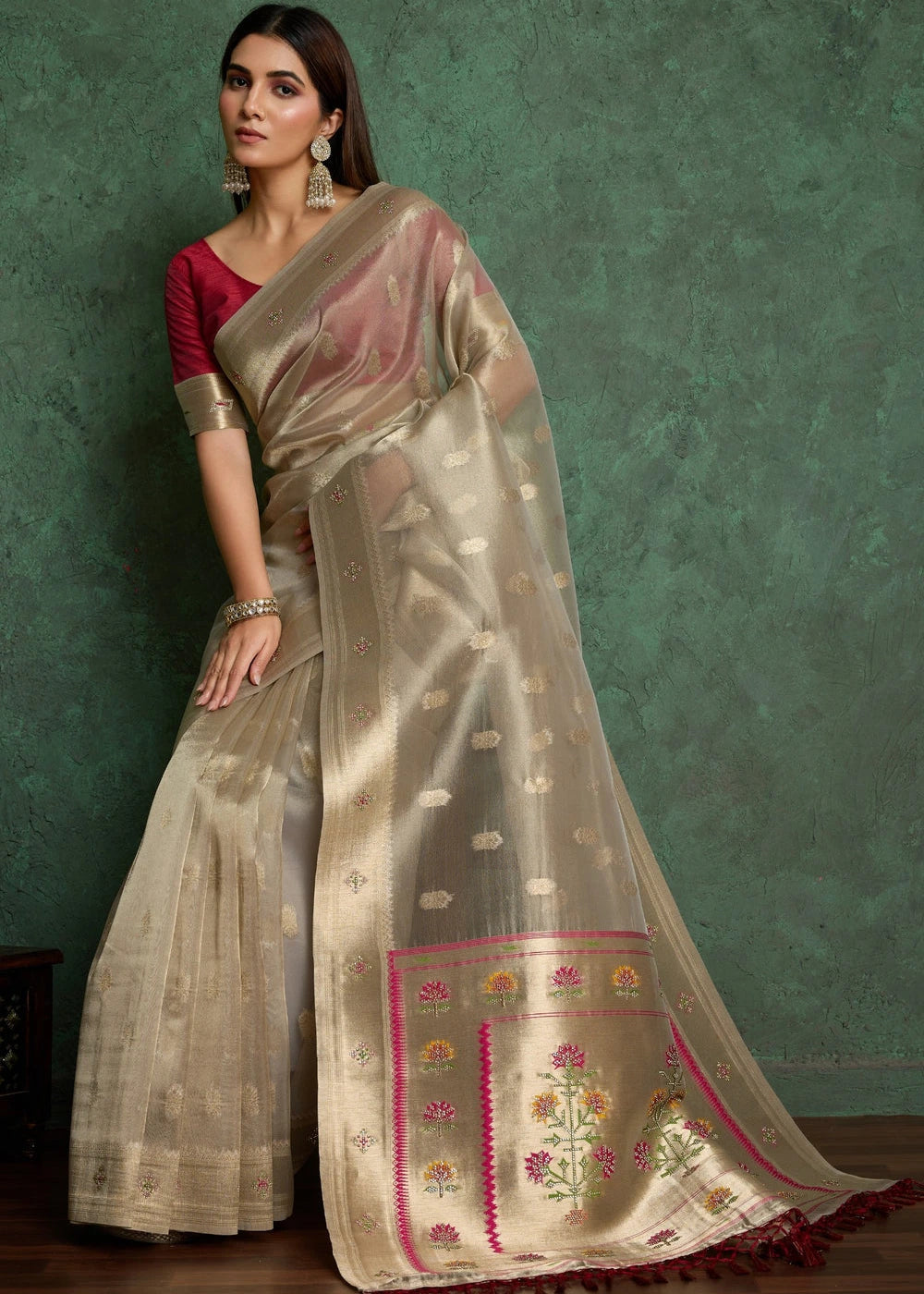 Antique Copper Tissue Silk Paithani Saree With Maroon Blouse