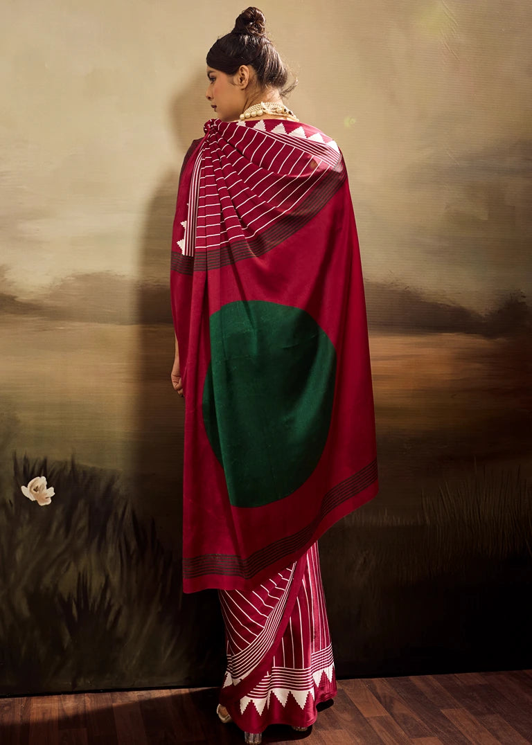 Pure Satin Crepe Silk Red Printed Saree