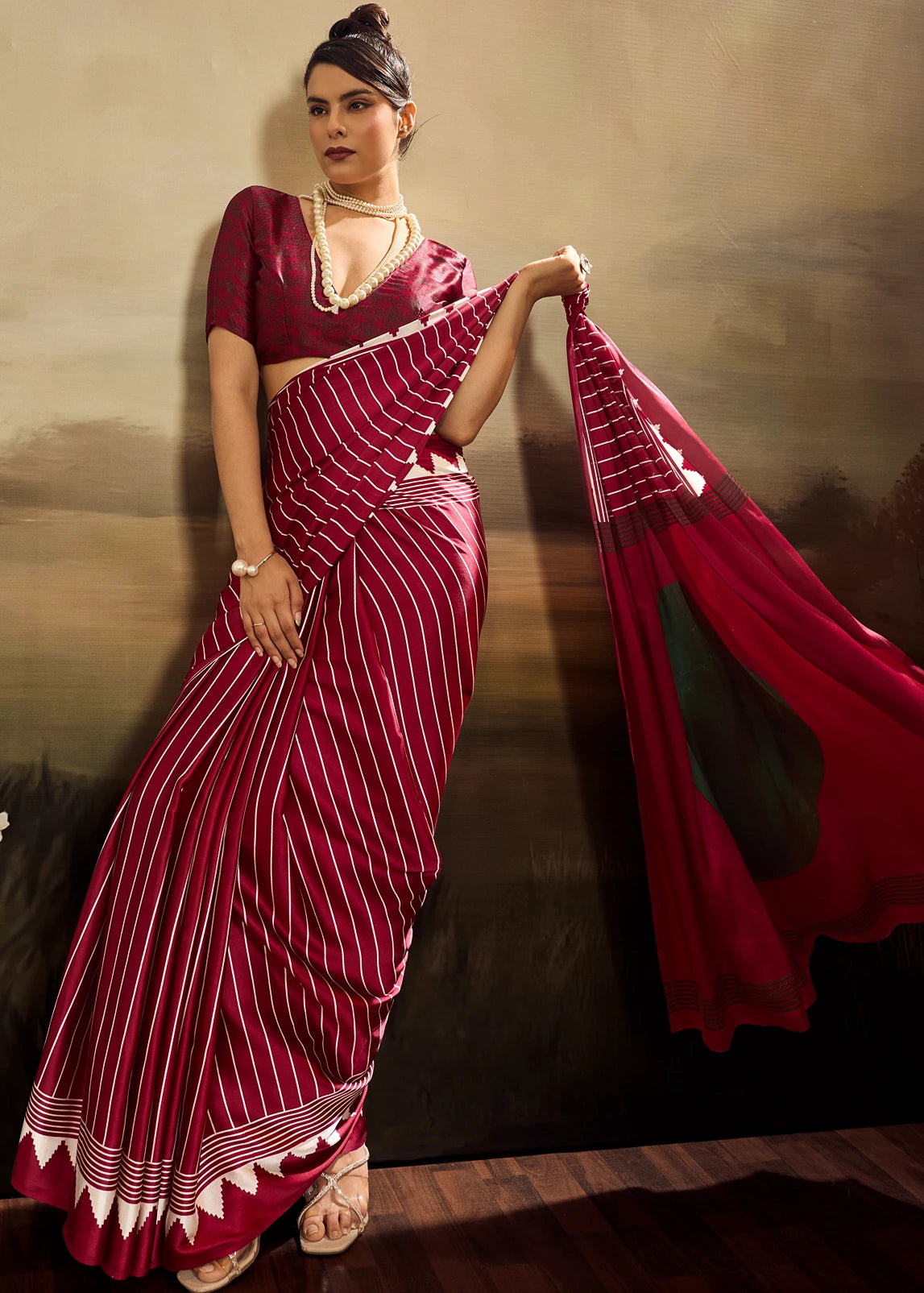 Pure Satin Crepe Silk Red Printed Saree