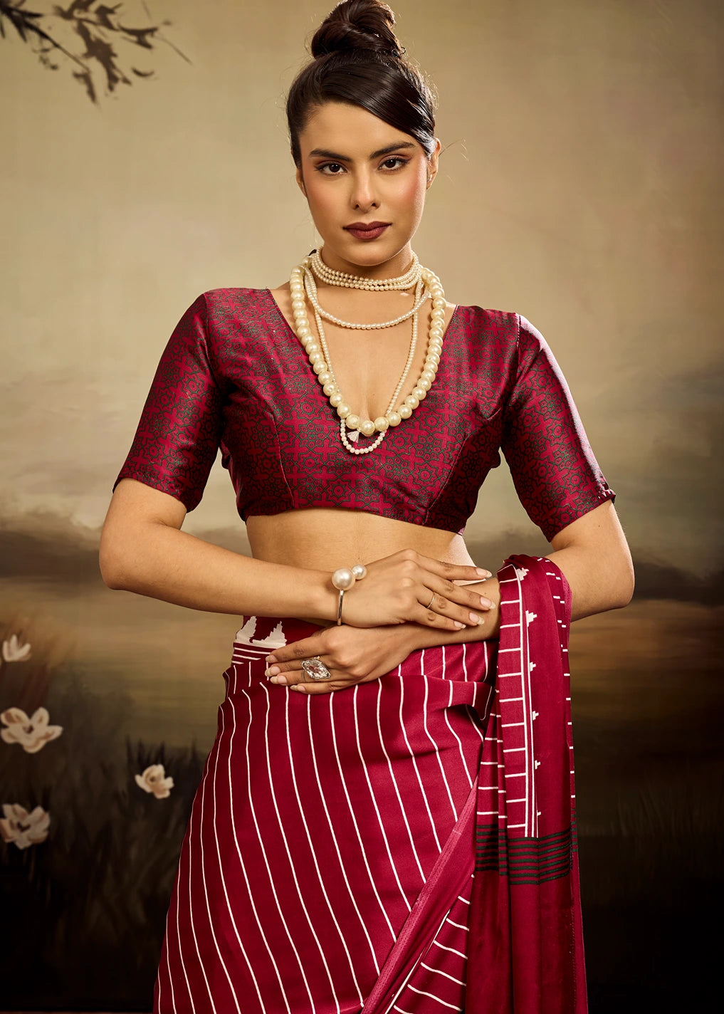 Pure Satin Crepe Silk Red Printed Saree