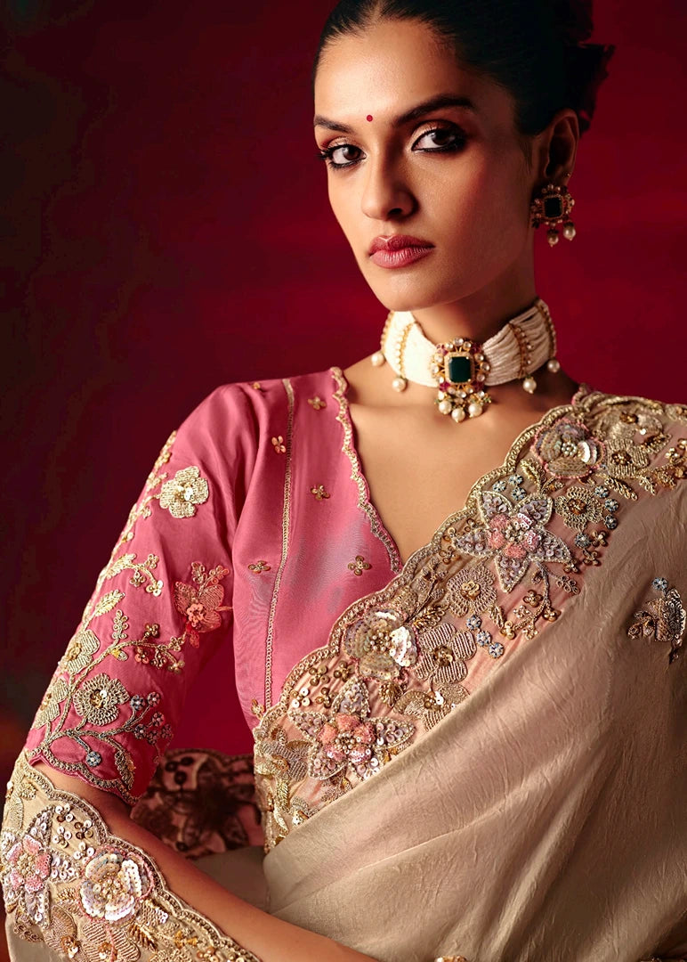Designer Beige Organza Tissue Silk Embroidered Saree
