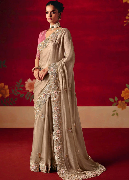 Designer Beige Organza Tissue Silk Embroidered Saree