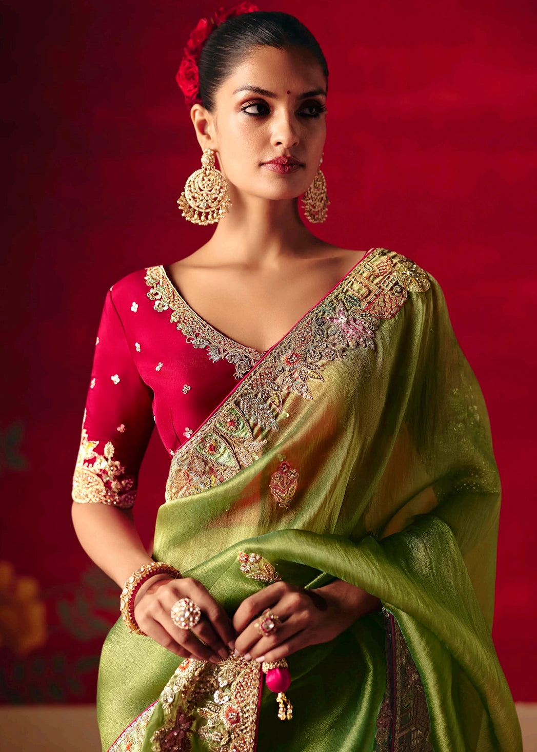 Designer Lime Green Organza Tissue Silk Embroidered Saree